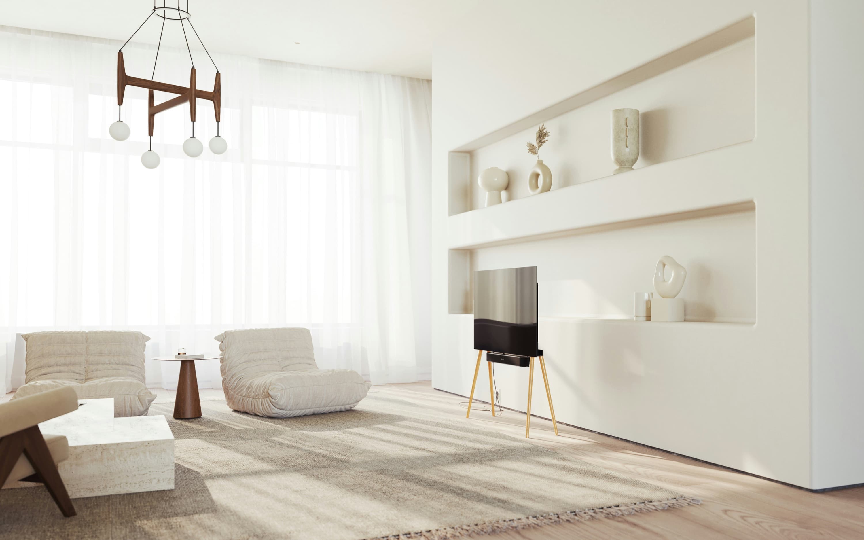 A light-filled modern interior with sculptural furniture and a television stand
