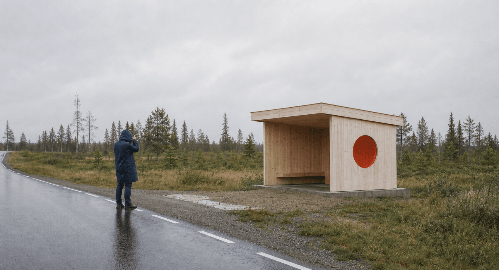 A photographer documenting a timber shelter beside a wet road