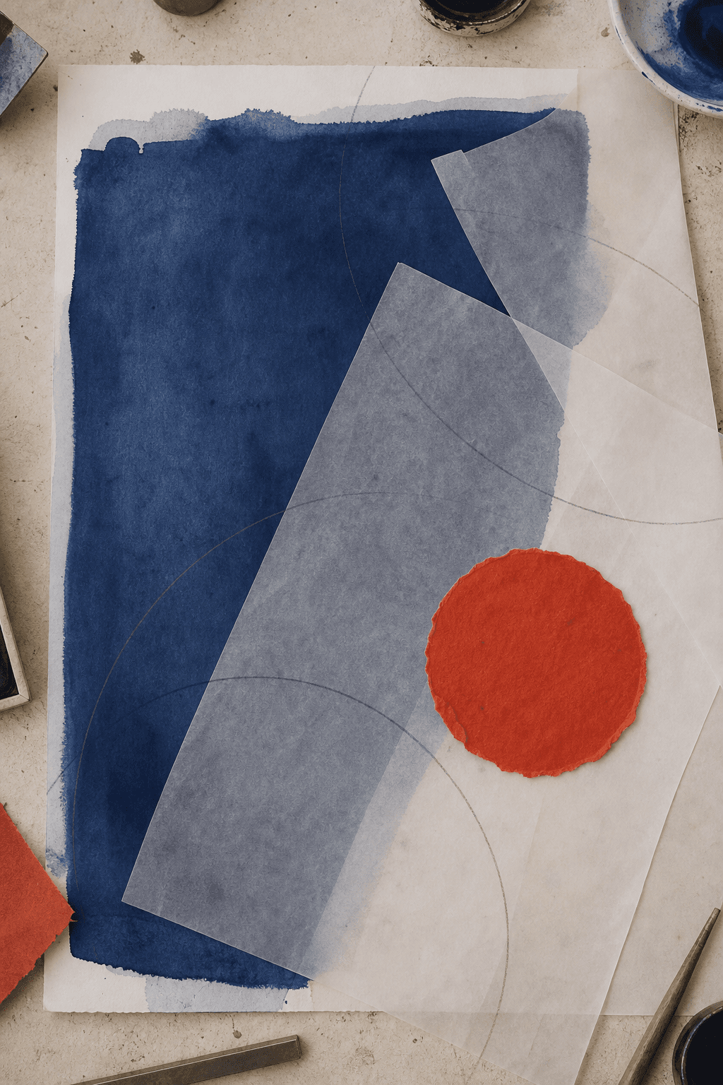 An abstract paper study in ultramarine, graphite, and vermilion